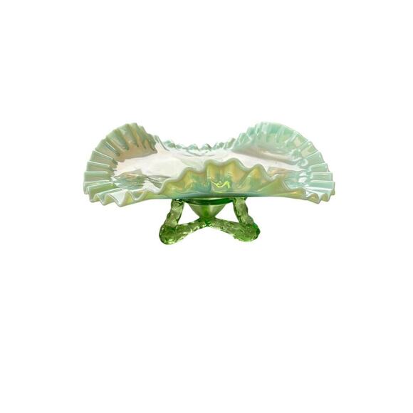 Vintage Green Opalescent Pressed Glass 3 Footed Ruffled Design Candy Dish 8 1/2" - Picture 9 of 9